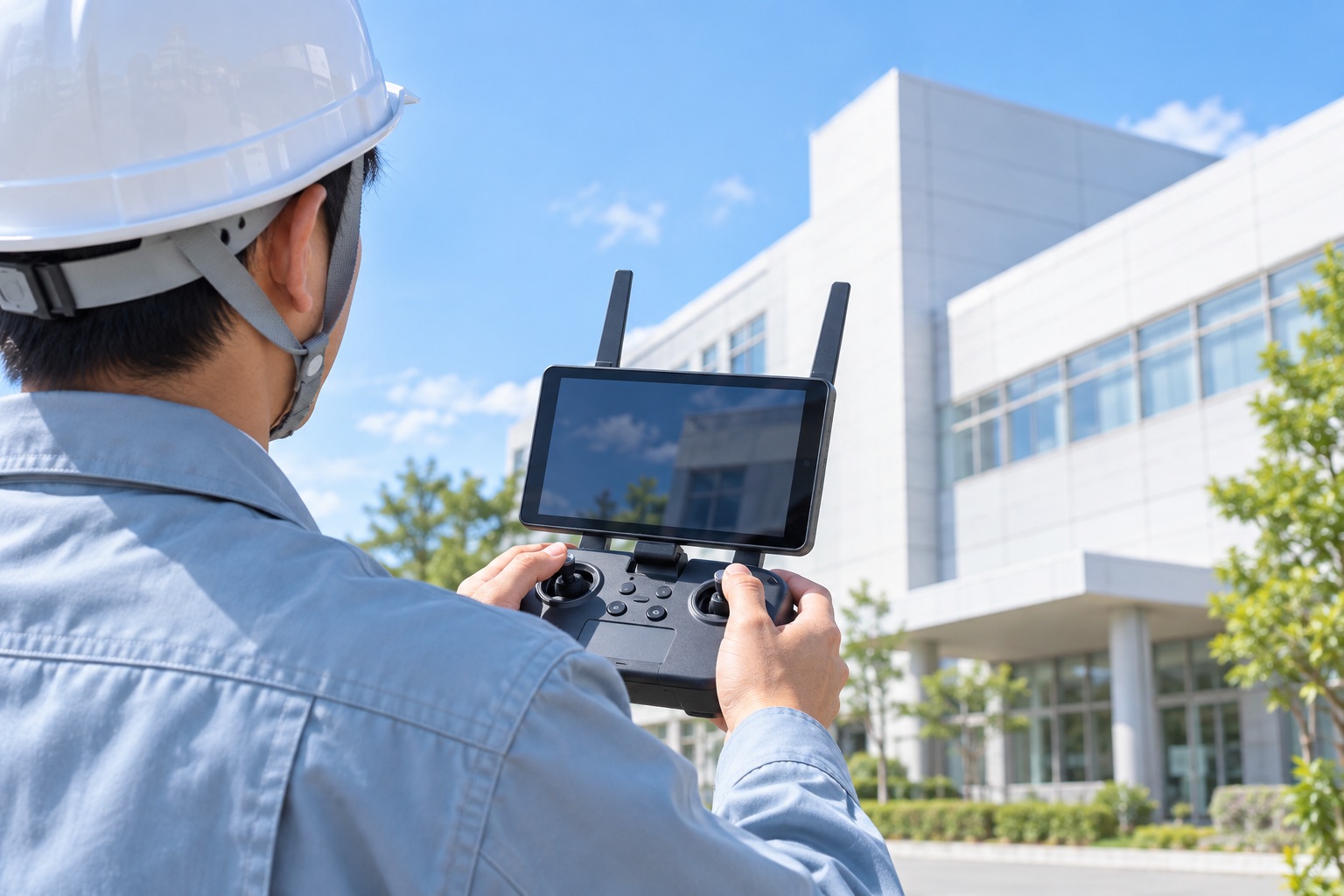 建物を確認しながらドローンを操作する技術者のイメージ