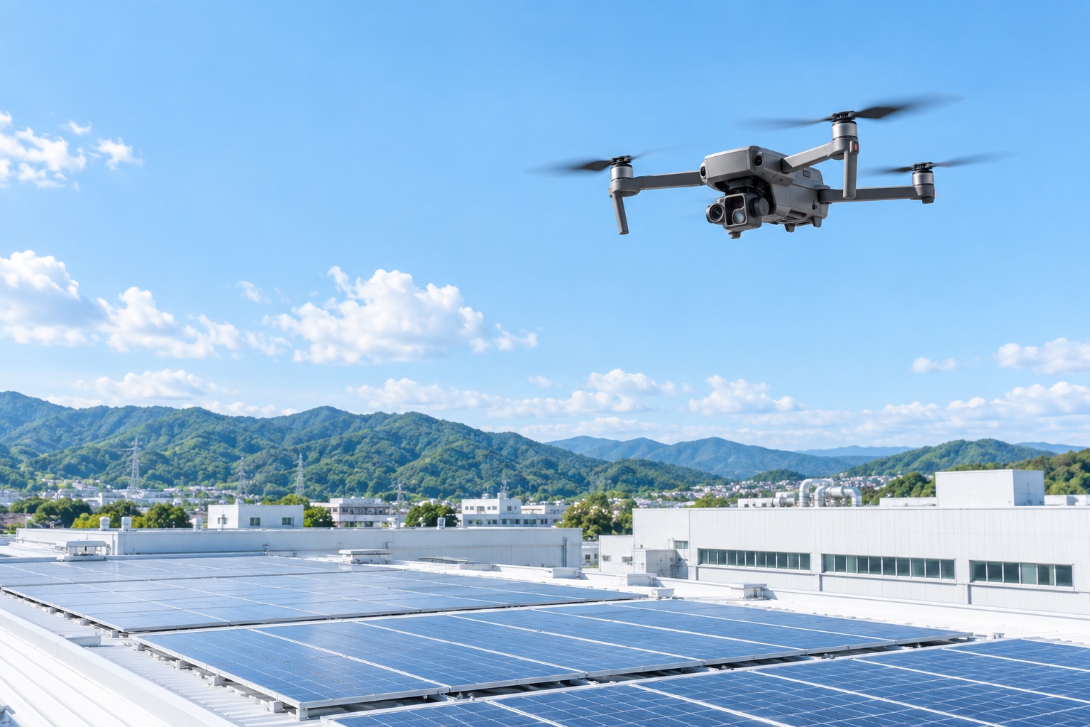 青空のもと太陽光設備を点検するドローンのイメージ